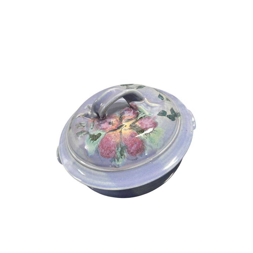 Vintage Stoneware Hand Painted Casserole Dish with Flowers Purple